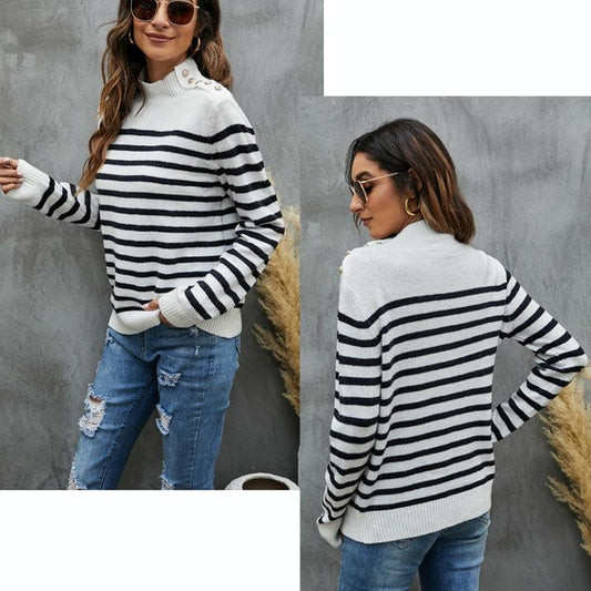 Striped Knitwear Loose Stand-Up Collar Sweater