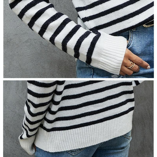 Striped Knitwear Loose Stand-Up Collar Sweater