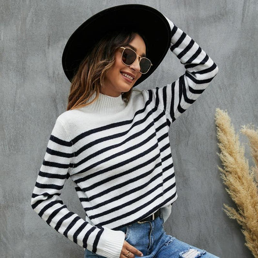 Striped Knitwear Loose Stand-Up Collar Sweater