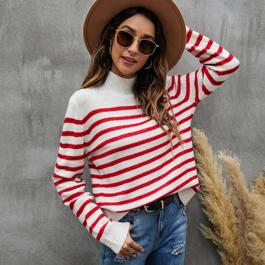 Striped Knitwear Loose Stand-Up Collar Sweater