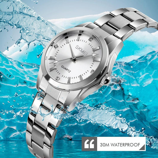 Waterproof Quartz Women's Watch with Rhinestone Steel Strap