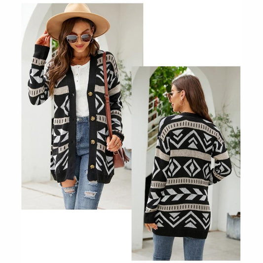 Loose Knitted Cardigan Jacquard Medium-Length Sweater