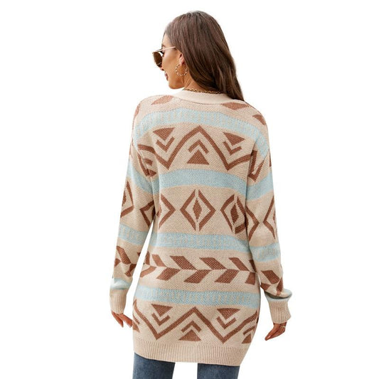 Loose Knitted Cardigan Jacquard Medium-Length Sweater