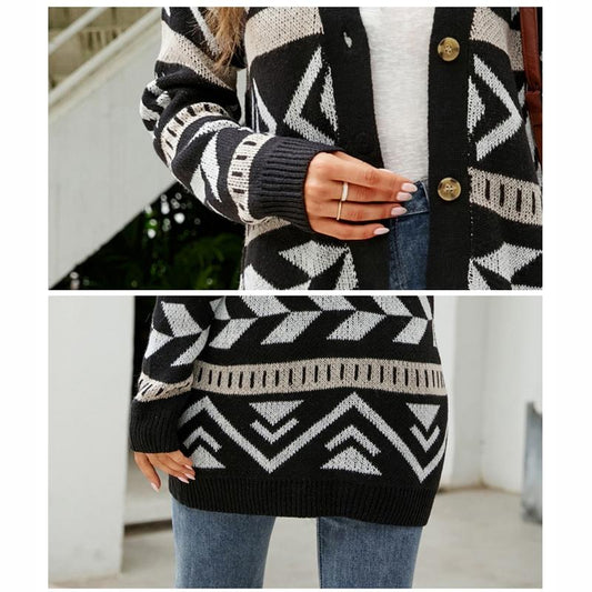 Loose Knitted Cardigan Jacquard Medium-Length Sweater