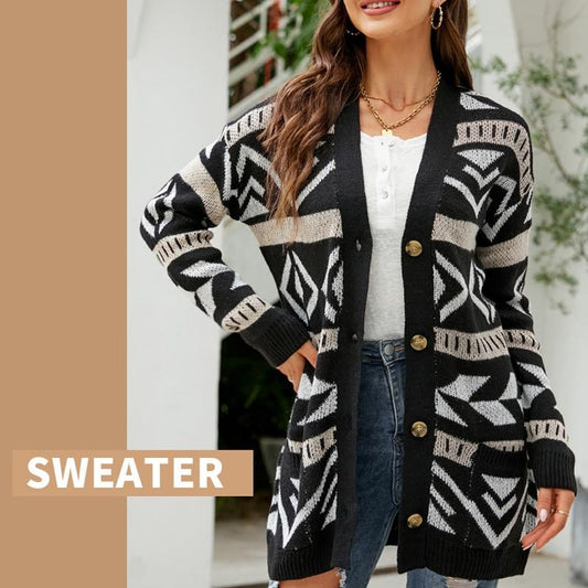 Loose Knitted Cardigan Jacquard Medium-Length Sweater