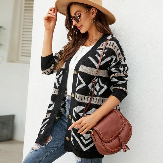 Loose Knitted Cardigan Jacquard Medium-Length Sweater
