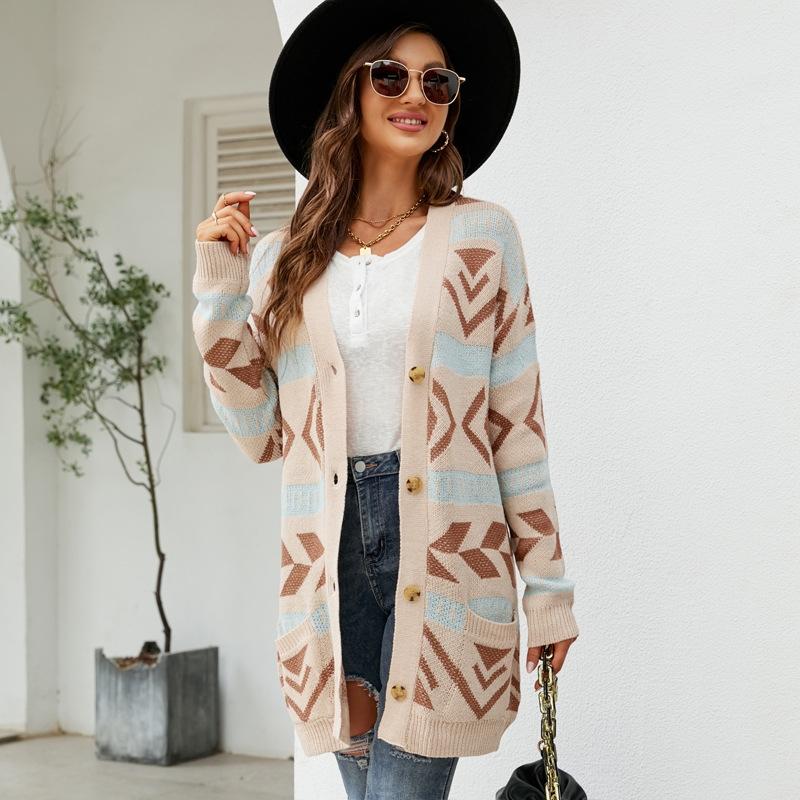 Loose Knitted Cardigan Jacquard Medium-Length Sweater