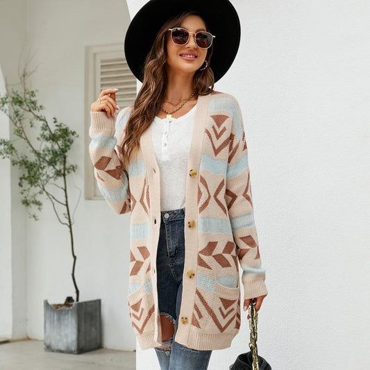 Loose Knitted Cardigan Jacquard Medium-Length Sweater
