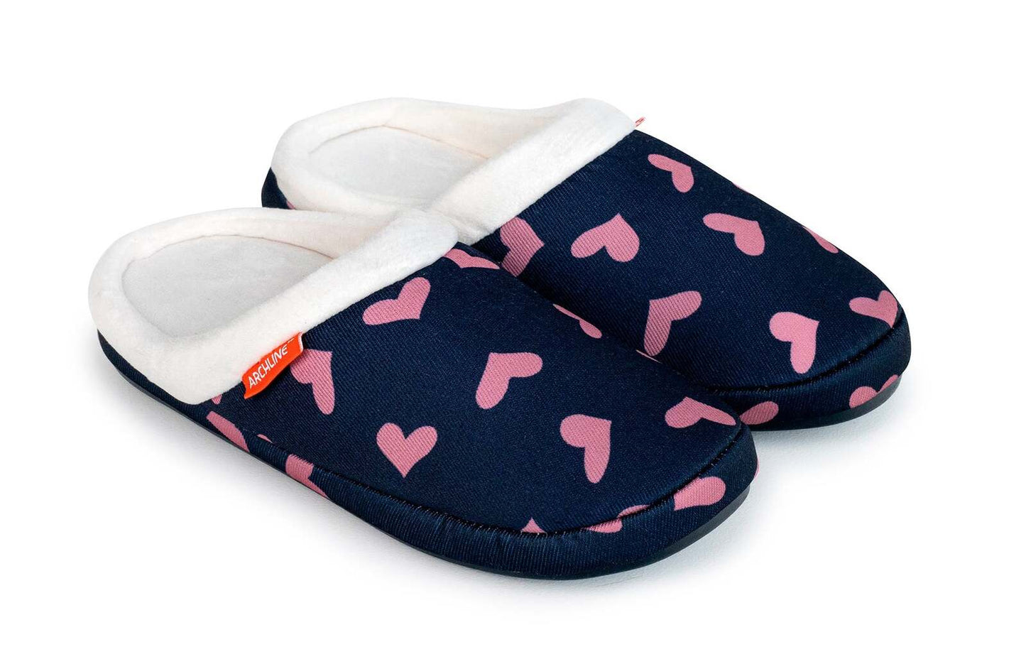 ARCHLINE Orthotic Slippers Closed Arch Scuffs Moccasins Pain Relief in Navy Hearts