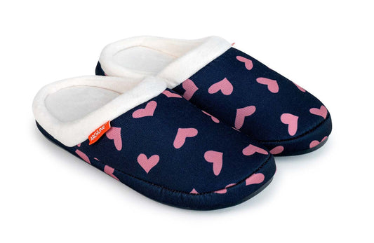 ARCHLINE Orthotic Slippers Closed Arch Scuffs Moccasins Pain Relief in Navy Hearts