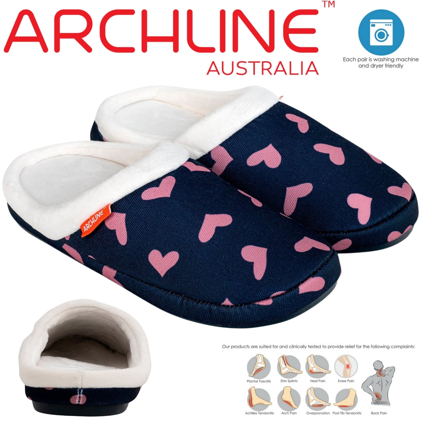 ARCHLINE Orthotic Slippers Closed Arch Scuffs Moccasins Pain Relief in Navy Hearts