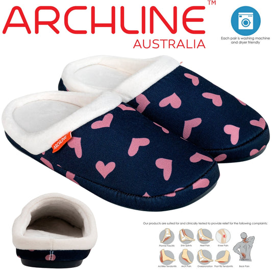 ARCHLINE Orthotic Slippers Closed Arch Scuffs Moccasins Pain Relief in Navy Hearts