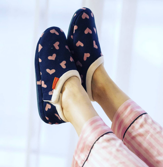 ARCHLINE Orthotic Slippers Closed Arch Scuffs Moccasins Pain Relief in Navy Hearts