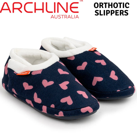 ARCHLINE Orthotic Slippers Closed Arch Scuffs Moccasins Pain Relief in Navy Hearts