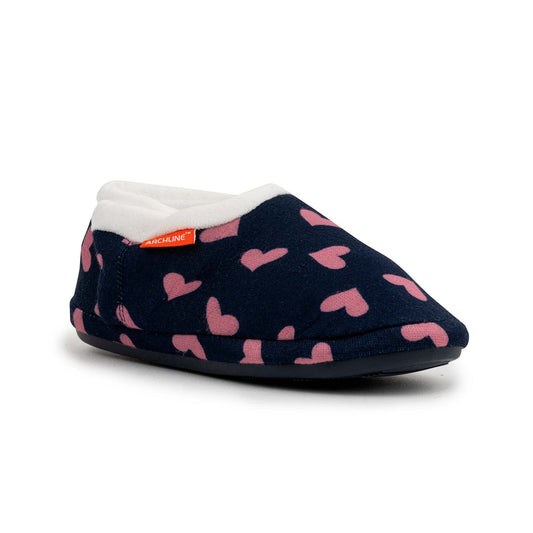 ARCHLINE Orthotic Slippers Closed Arch Scuffs Moccasins Pain Relief in Navy Hearts