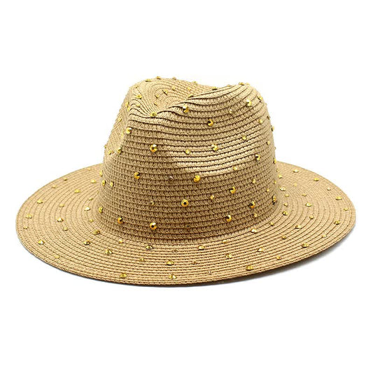 Wide-Brim Straw Hat with Rhinestones