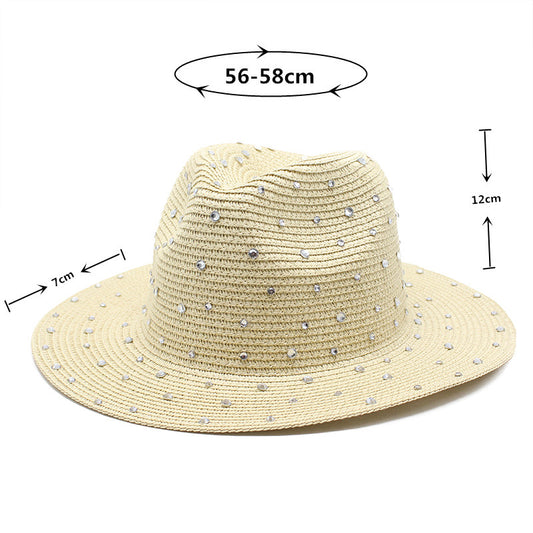 Wide-Brim Straw Hat with Rhinestones