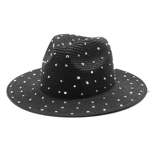 Wide-Brim Straw Hat with Rhinestones