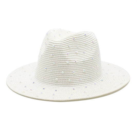 Wide-Brim Straw Hat with Rhinestones