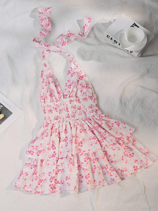 Chic Floral Halter Mini Dress