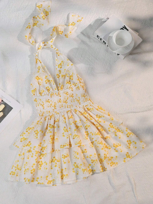 Chic Floral Halter Mini Dress