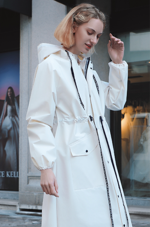 White Long Raincoat with Hood and Visor