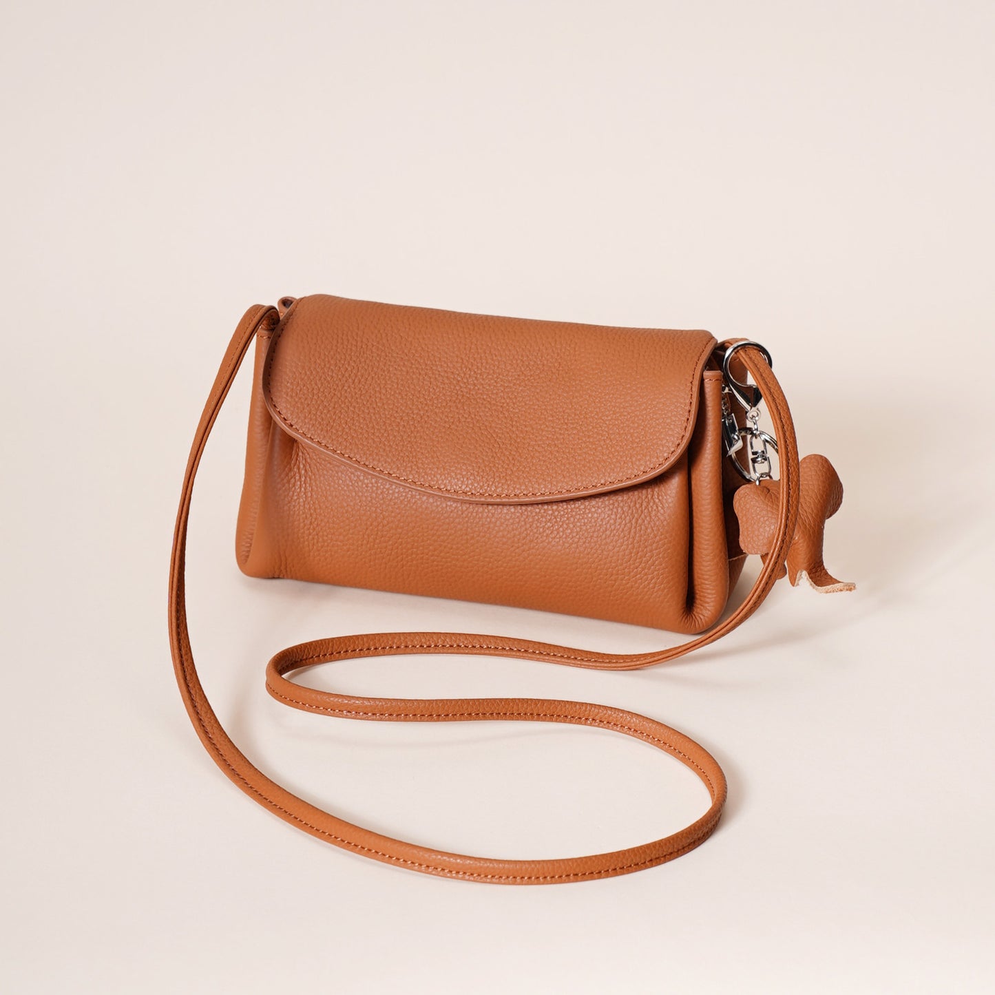 Leather Flap Crossbody Bag with Elephant Charm