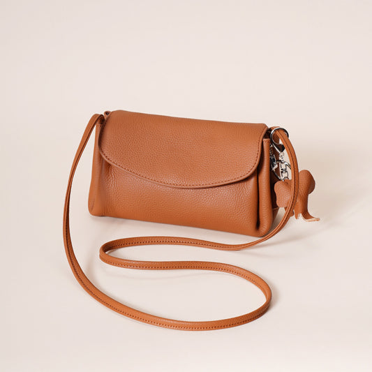 Leather Flap Crossbody Bag with Elephant Charm