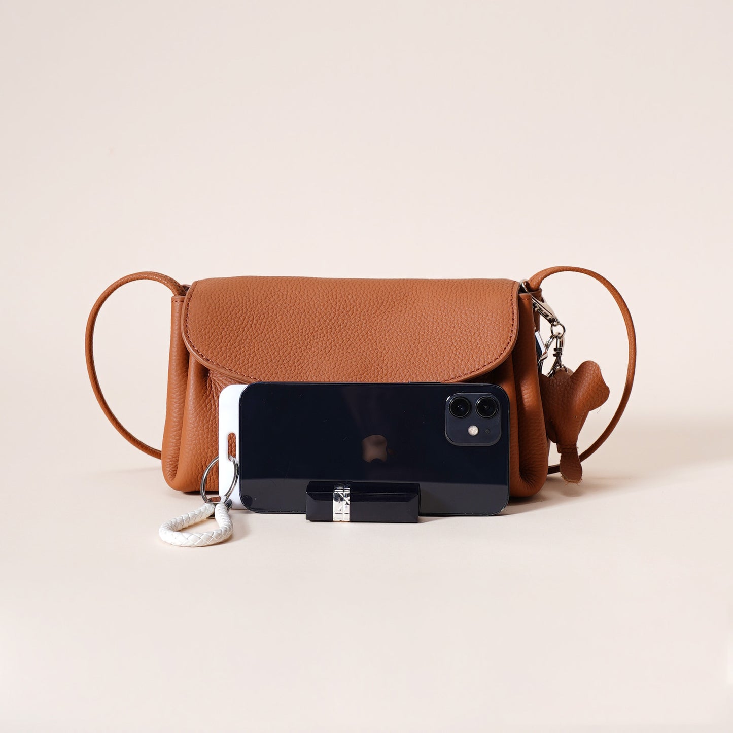 Leather Flap Crossbody Bag with Elephant Charm