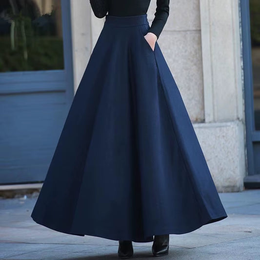 2025 Autumn Winter Retro High Waist Pleated Skirt Women Casual Pocket Woolen Maxi Skirt Female Flare Red Long Skirt