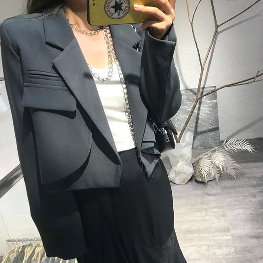 Elegant Chic Crop Suit Jacket for Women Long Sleeve Solid Color Short Blazer Outwear Ladies Korean Single Button Suit Top