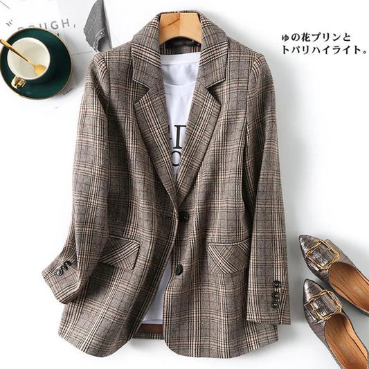Vintage Single Breasted Office Ladies Plaid Blazer Long Sleeve Loose Plaid Coat Jacket Women Blazers Female 2022