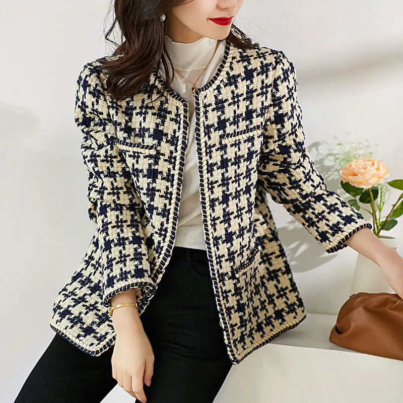 Elegant Weave Plaid Women Blazer with Pocket and Lining Autumn Winter Causal Tweed Coat Office Ladies Suit Jacket