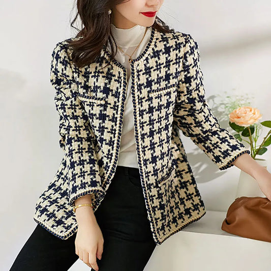 Elegant Weave Plaid Women Blazer with Pocket and Lining Autumn Winter Causal Tweed Coat Office Ladies Suit Jacket