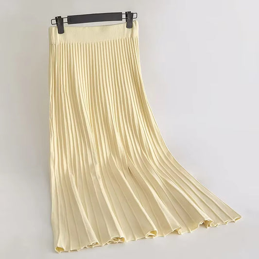 Women'S Autumn Draped Rib Pleated Long Knitted Skirt Elegant Winter Wool Blend A-Line Long Knit Skirt Elastic Waist