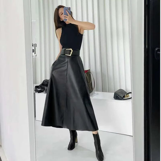 PU Leather Skirt Women Belt with Sashes Slim High Waist A-Line Elegant High Quality Causal Wild 2024 New Autumn HC004
