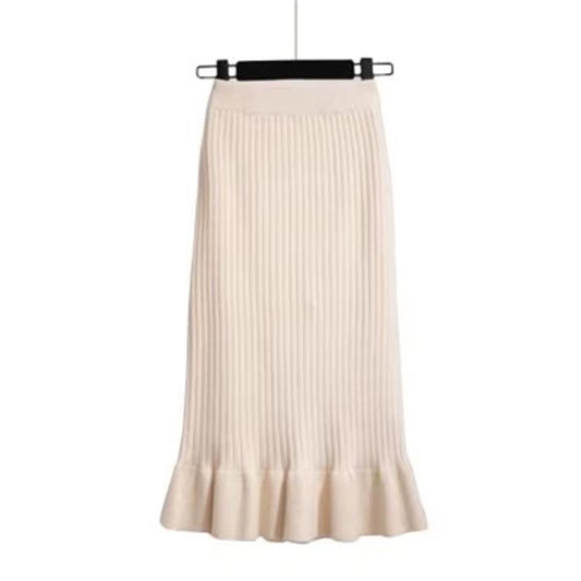Women Skirt Knitted High Waist Pleated Lady Skirts Solid Elastic Mermaid Knitting Ribbed Autumn Winter Female Bottoms Two Types