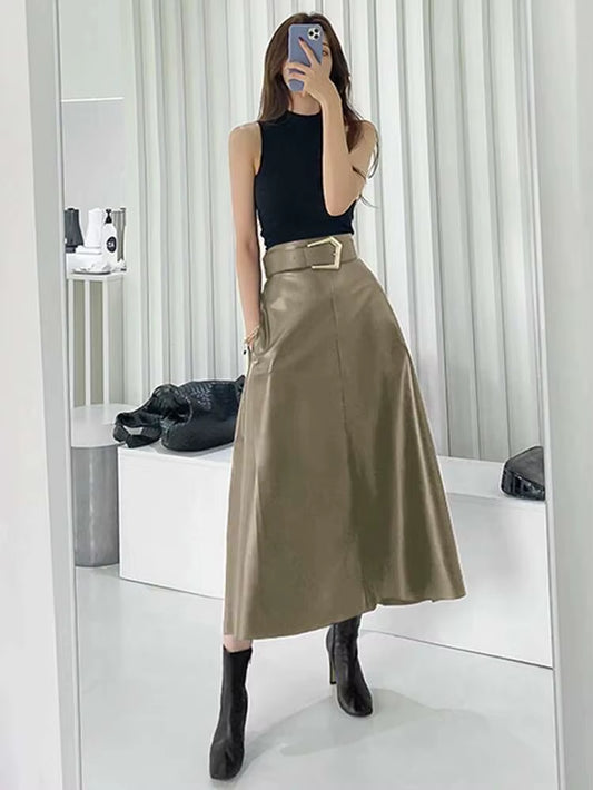 PU Leather Skirt Women Belt with Sashes Slim High Waist A-Line Elegant High Quality Causal Wild 2024 New Autumn HC004