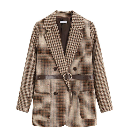 Vintage Houndstooth Winter Thick Women Jacket Blazer Sashes Plaid Female Suit Jacket with Belt Long Sleeve Blaser