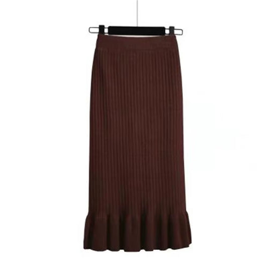 Women Skirt Knitted High Waist Pleated Lady Skirts Solid Elastic Mermaid Knitting Ribbed Autumn Winter Female Bottoms Two Types