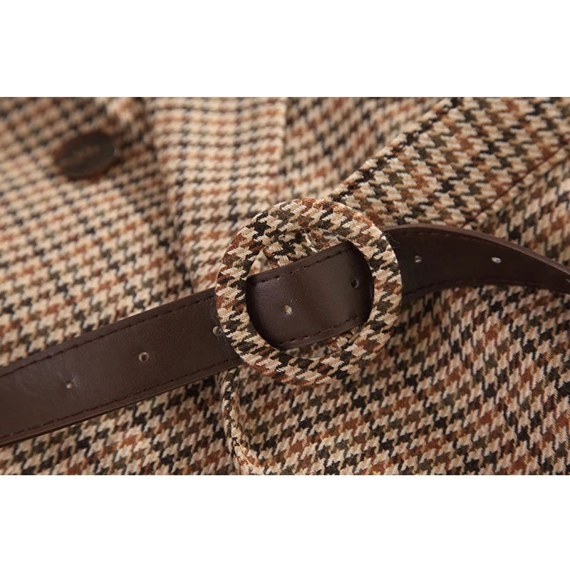 Vintage Houndstooth Winter Thick Women Jacket Blazer Sashes Plaid Female Suit Jacket with Belt Long Sleeve Blaser