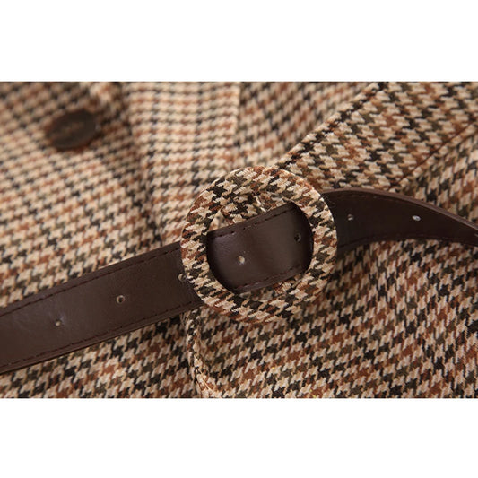 Vintage Houndstooth Winter Thick Women Jacket Blazer Sashes Plaid Female Suit Jacket with Belt Long Sleeve Blaser