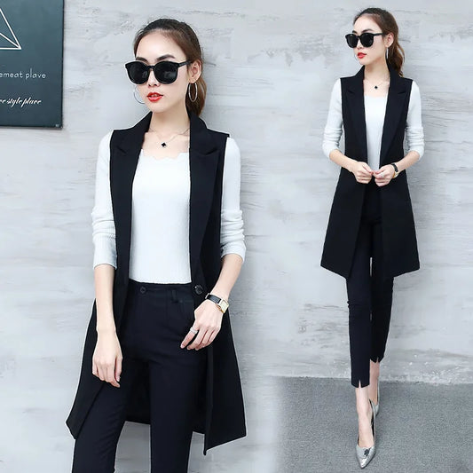 Classic Long Vest Women Elegant Suit Vest Spring Autumn Sleeveless Jackets Outerwear Office Lady Slim Waistcoat 2022