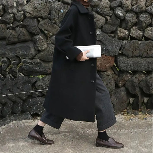 Long Turn-Down Collar Wool Coat 