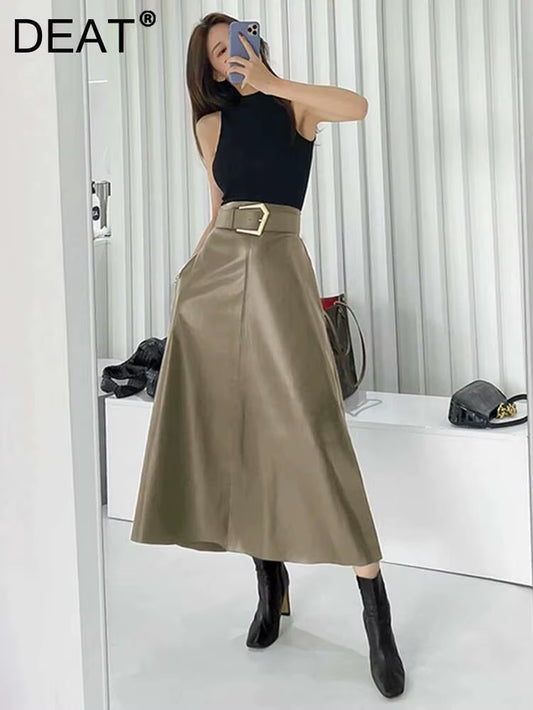 PU Leather Skirt Women Belt with Sashes Slim High Waist A-Line Elegant High Quality Causal Wild 2024 New Autumn HC004