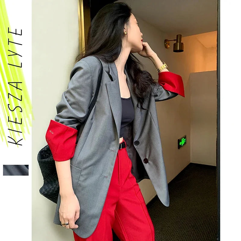 Office Ladies Plaid Blazer Korean Niche Stylish Grey Slim Contrast Color Blazers 2024 New Female Jacket Mujer