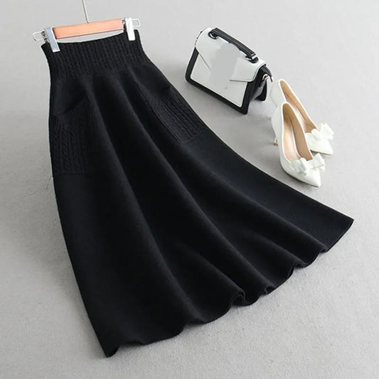 Wool Knit Midi A-Line Skirt 