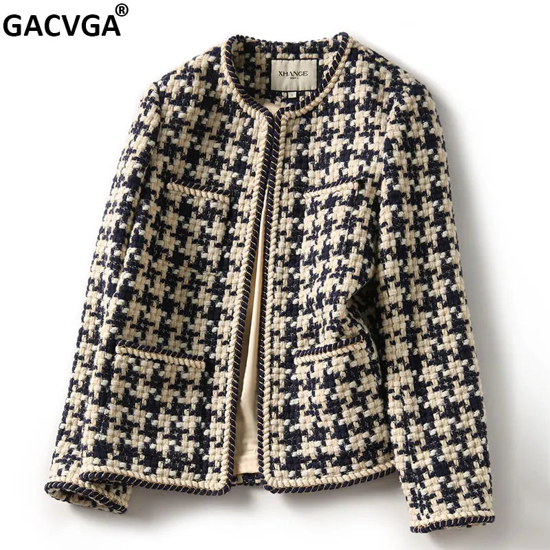 Elegant Weave Plaid Women Blazer with Pocket and Lining Autumn Winter Causal Tweed Coat Office Ladies Suit Jacket