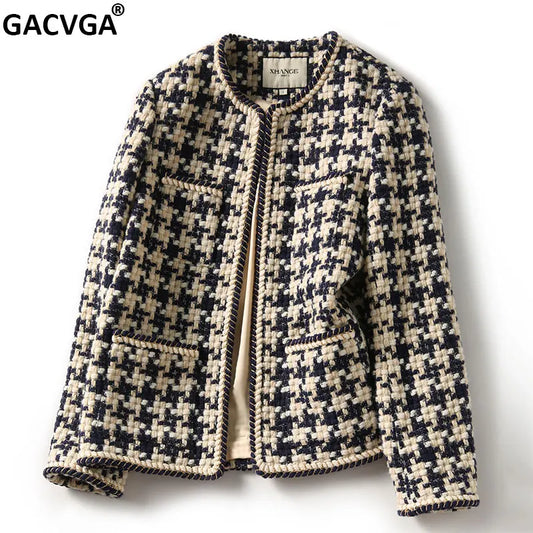 Elegant Weave Plaid Women Blazer with Pocket and Lining Autumn Winter Causal Tweed Coat Office Ladies Suit Jacket
