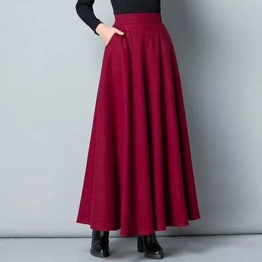2025 Autumn Winter Retro High Waist Pleated Skirt Women Casual Pocket Woolen Maxi Skirt Female Flare Red Long Skirt